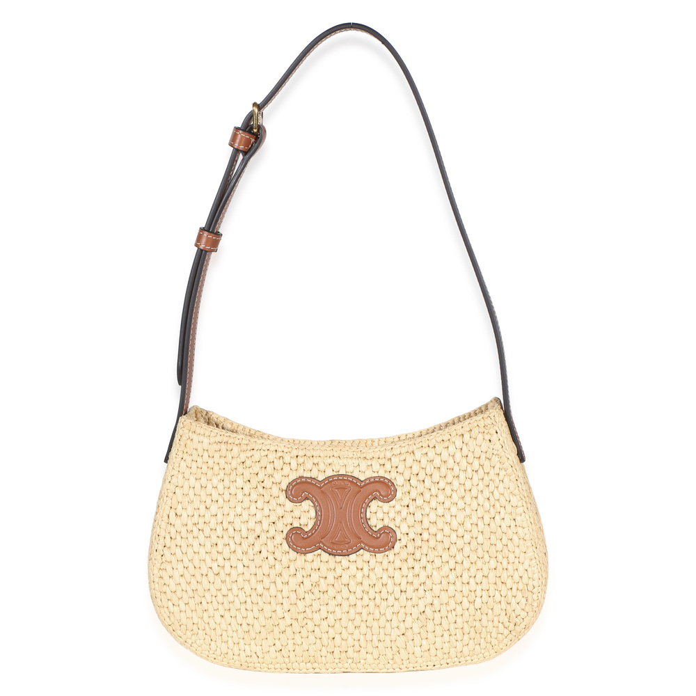 Celine Natural Raffia Calfskin Triomphe Medium Tilly Shoulder Bag
